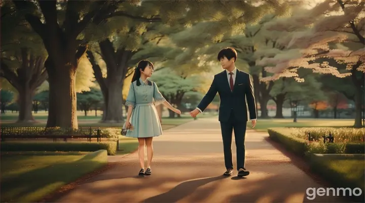 Cinematic, Ji-eun and Seong-jin walking together in a quiet park, realistic photography, peaceful yet tense atmosphere, soft daylight --ar 16:9