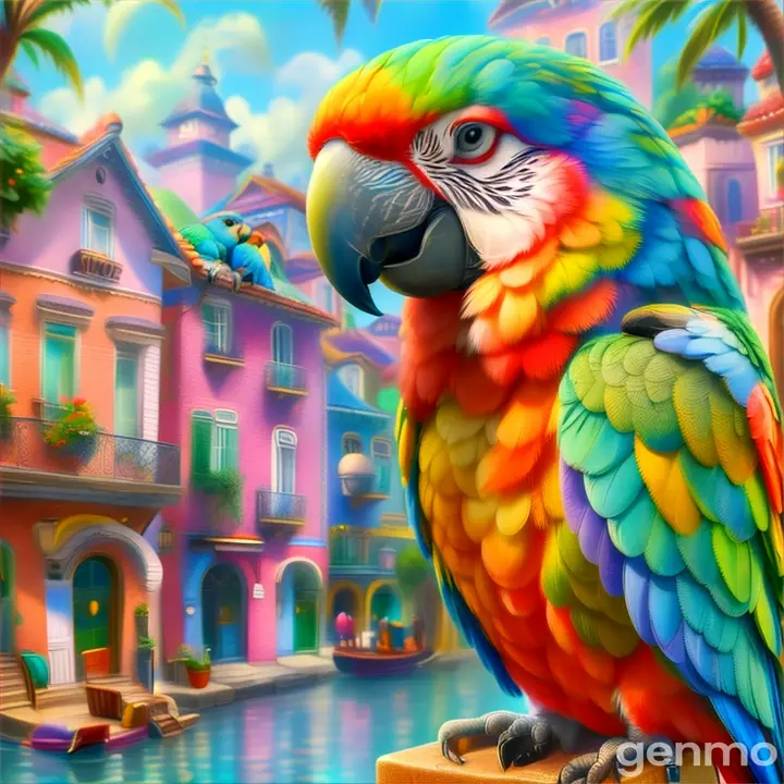 a colorful parrot sits on a post in front of a colorful city