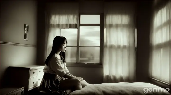 Cinematic, Ji-eun sitting alone in her room, reflecting on everything, realistic photography, sorrowful and contemplative atmosphere, dim bedroom light --ar 16:9