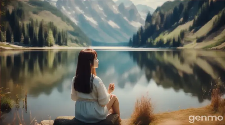 Cinematic, Ji-eun enjoying a quiet moment by the lake, contemplating her future, realistic photography, calm and introspective atmosphere, soft sunlight --ar 16:9