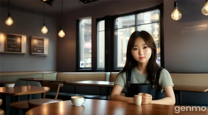 Cinematic, Ji-eun visiting a new café, looking hopeful and ready for a fresh start, realistic photography, warm and inviting atmosphere, bright indoor light --ar 16:9