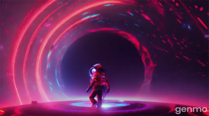 Red Spaceman DJ playing in front of a black hole in the sky