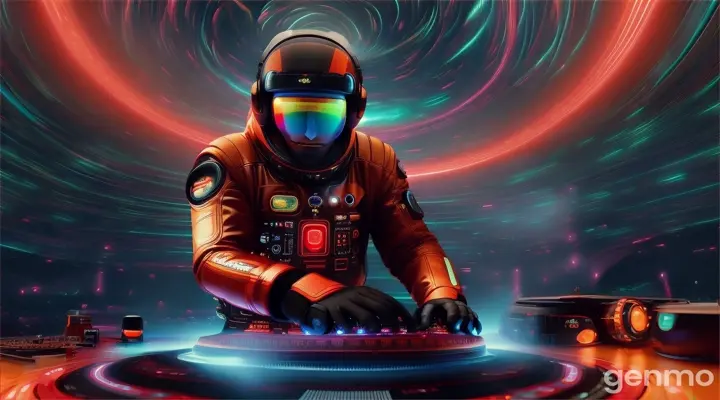 Red Spaceman DJ playing in massive rainforest in front of a black hole in the sky