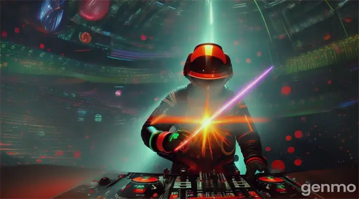 Red Spaceman DJ playing in massive rainforest in front of a black hole in the sky