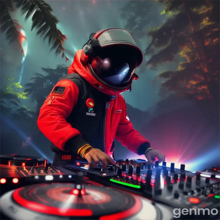 Red Spaceman DJ playing in massive rainforest in front of a black hole in the sky