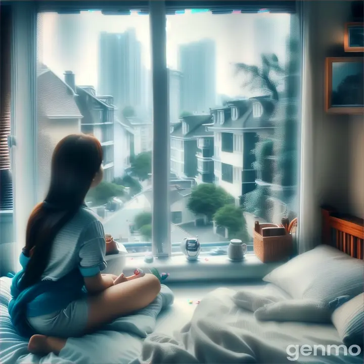 a woman sitting on a bed looking out a window