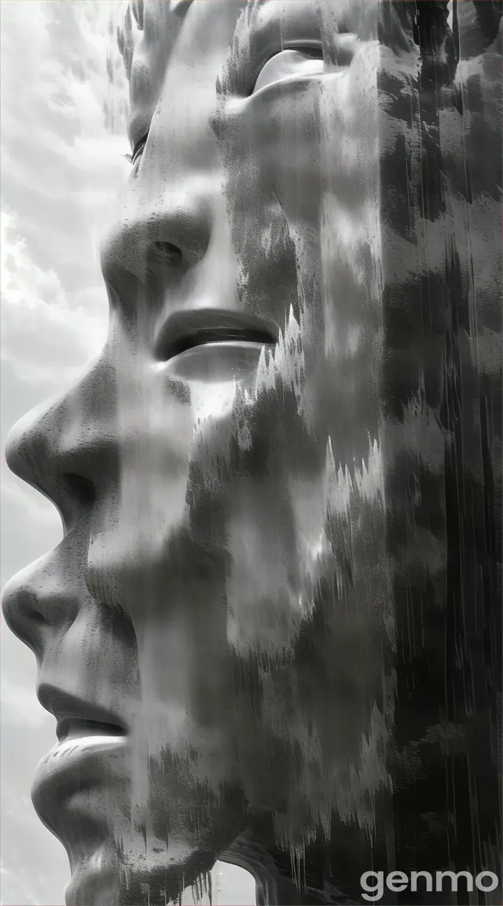 a man's face is shown with a mountain in the background