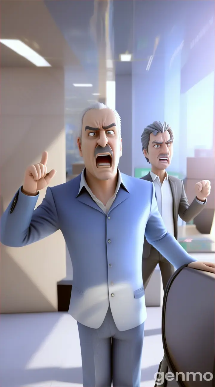  3D, personality: [Create an image of the angry man becoming more agitated, gesturing wildly as he speaks about politicians and money leaving the country. His body language should reflect frustration, with people around him starting to pay attention some smirking at his rant. The background should include other bank patrons some looking surprised, others amused] unreal engine, hyper real Animation 3D Cartoon 