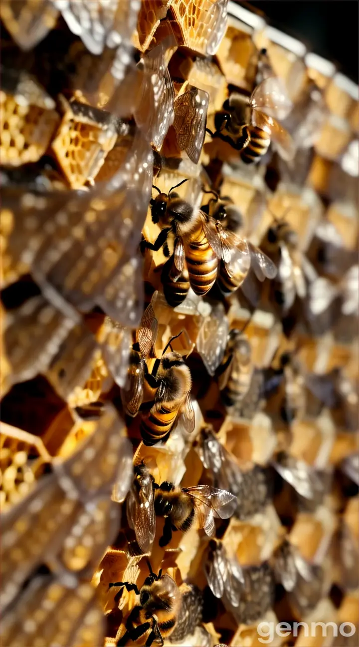 Bees in a hive making honey, with labels showing the process of nectar collection and honey creation.