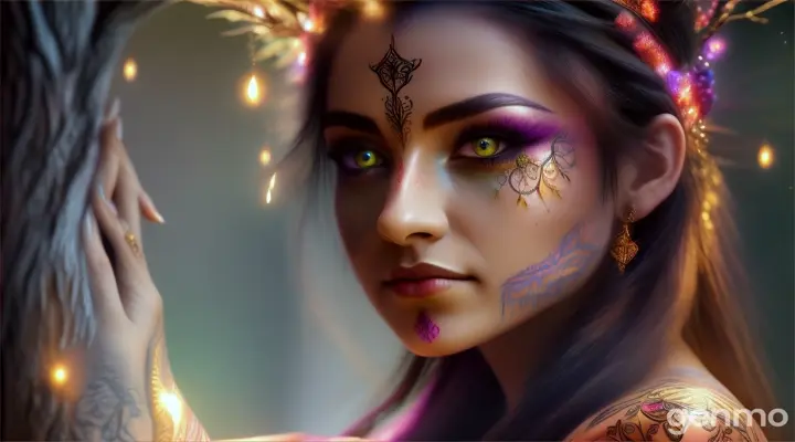 Detail Amara performing a magical ritual, her soul merging with the tree, making it stronger than ever.
