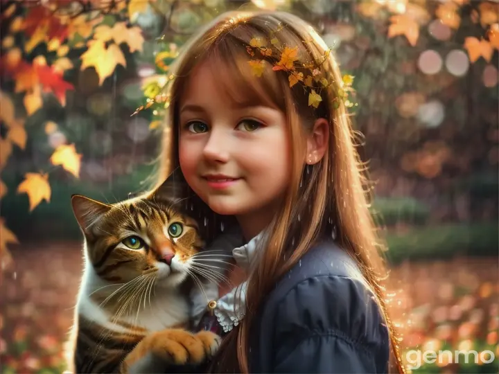 Young girl and cat enjoy the autumn rain in a whimsical garden with illuminated golden vines and leaves