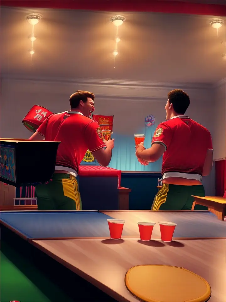 in a hyper-realistic scene set in virginia, capture a lively big party in a fraternity house, filled with excitement and laughter, as skilled students focus on an intense beer pong game in the center of the room, with light reflecting off the cups and creating a festive atmosphere, graphic_novel style