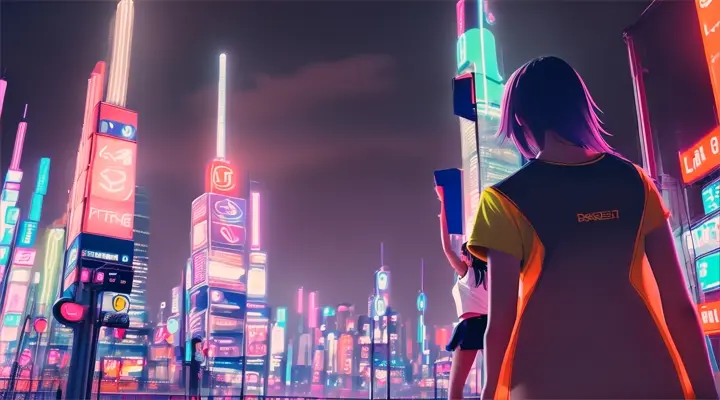 girl in white t-shirt waving flags signaling the start of the race, background - neon city at night, heavy rain, anime style, wide shot