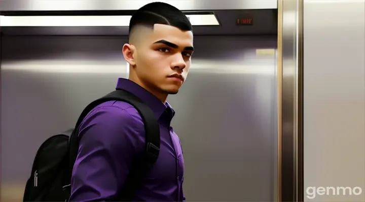 inside an elevator, a young man with Skin fade Buzz cut black hair in a deep purple long sleeve formal shirt and a black backpack standing in side an elevator talking to someone