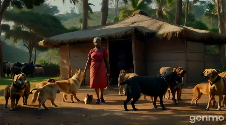 a woman standing next to a herd of dogs