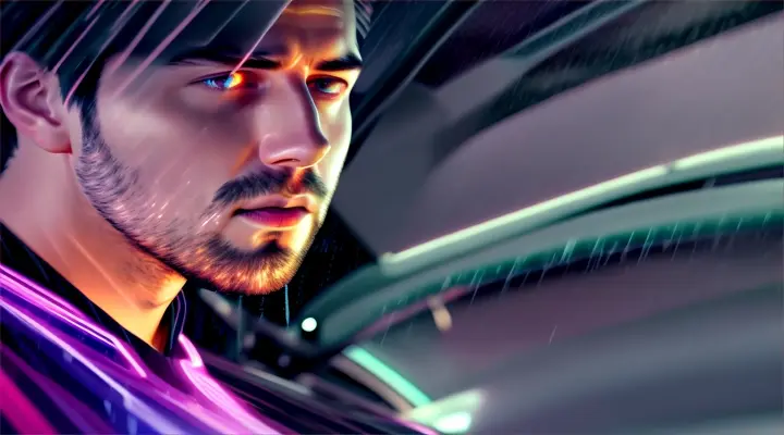 view through the windshield on the male driver's face behind the wheel of a car, background - car interior, neon city at night, heavy rain, anime style, close-up