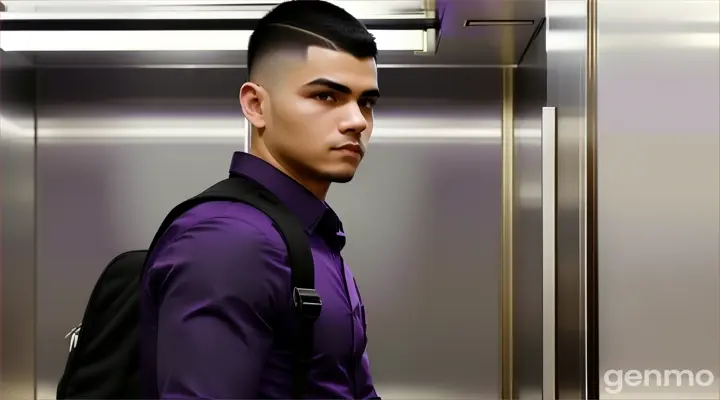 inside an elevator, a man with Skin fade Buzz cut black hair in a deep purple long sleeve formal shirt and a black backpack standing in side an elevator talking to someone