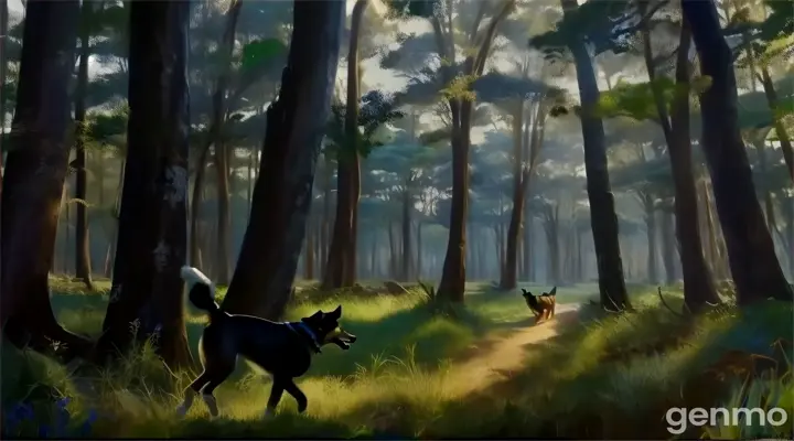 a painting of a dog running through a forest