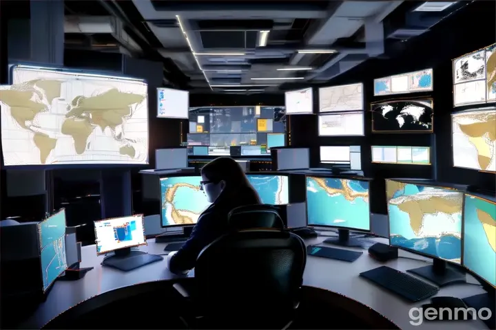 a person sitting at a desk with multiple monitors