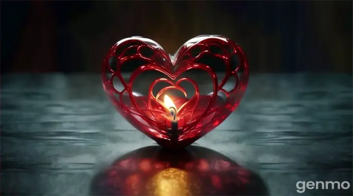 a red heart shaped candle holder on a table