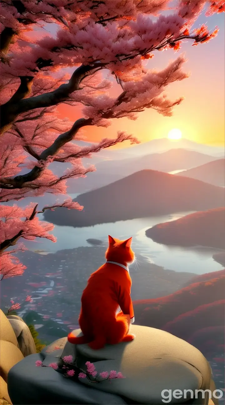 Cat in a red kimono meditating on a rock overlooking a panoramic mountain view with shades of red and orange from the setting sun