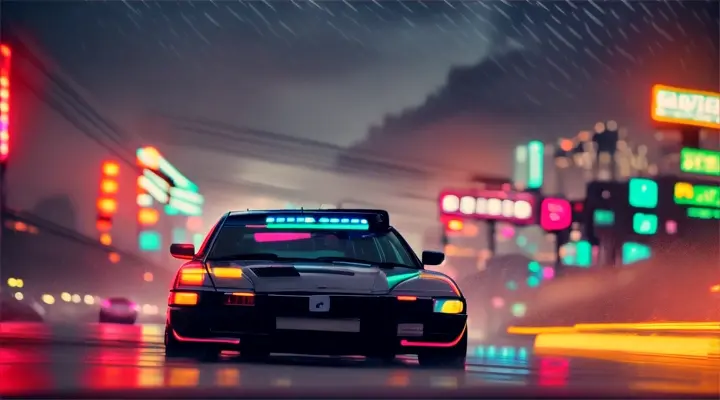 face male driver driving a car, view through the windshield of the car, background - car interior, neon city at night, heavy rain, anime style, long shot