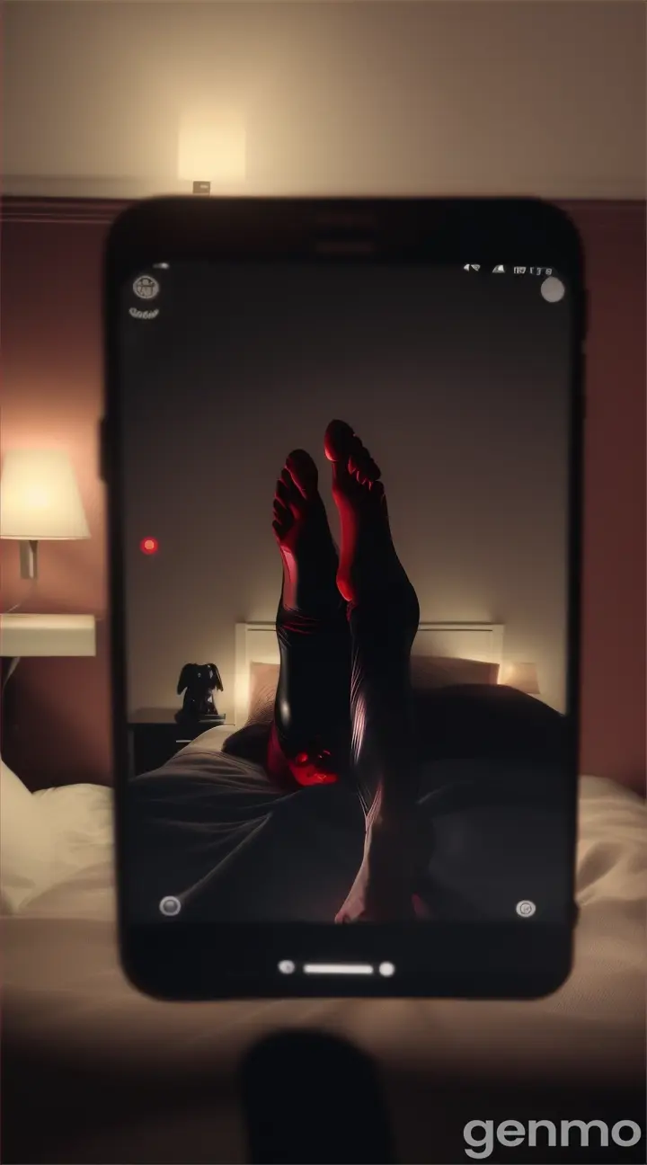 A phone screen showing a photo of a woman lying in bed, with a shadowy figure standing at the foot of the bed, eyes glowing red.” and ratio is 9:16