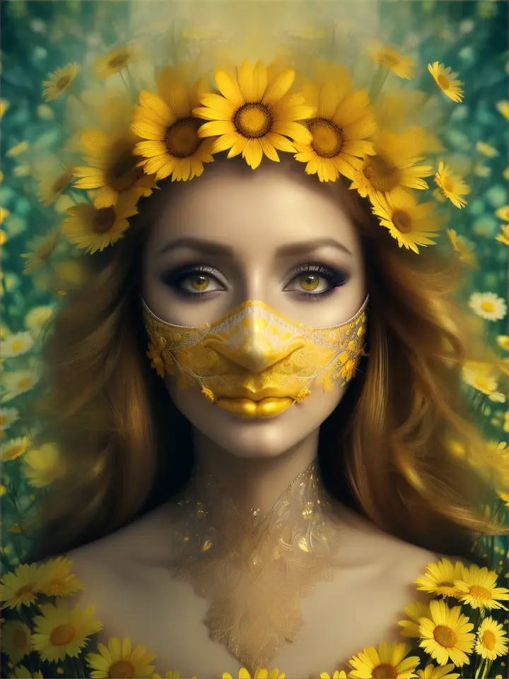 Create an image of a woman in a yellow mask surrounded by yellow daisies. The artwork should be a beautiful fantasy art portrait, featuring exquisite digital art with a stunning and very beautiful fantasy theme. The style should be inspired by Kirsty Mitchell and Anna Dittmann, resulting in a gorgeous digital painting that captures the essence of digital fantasy art.