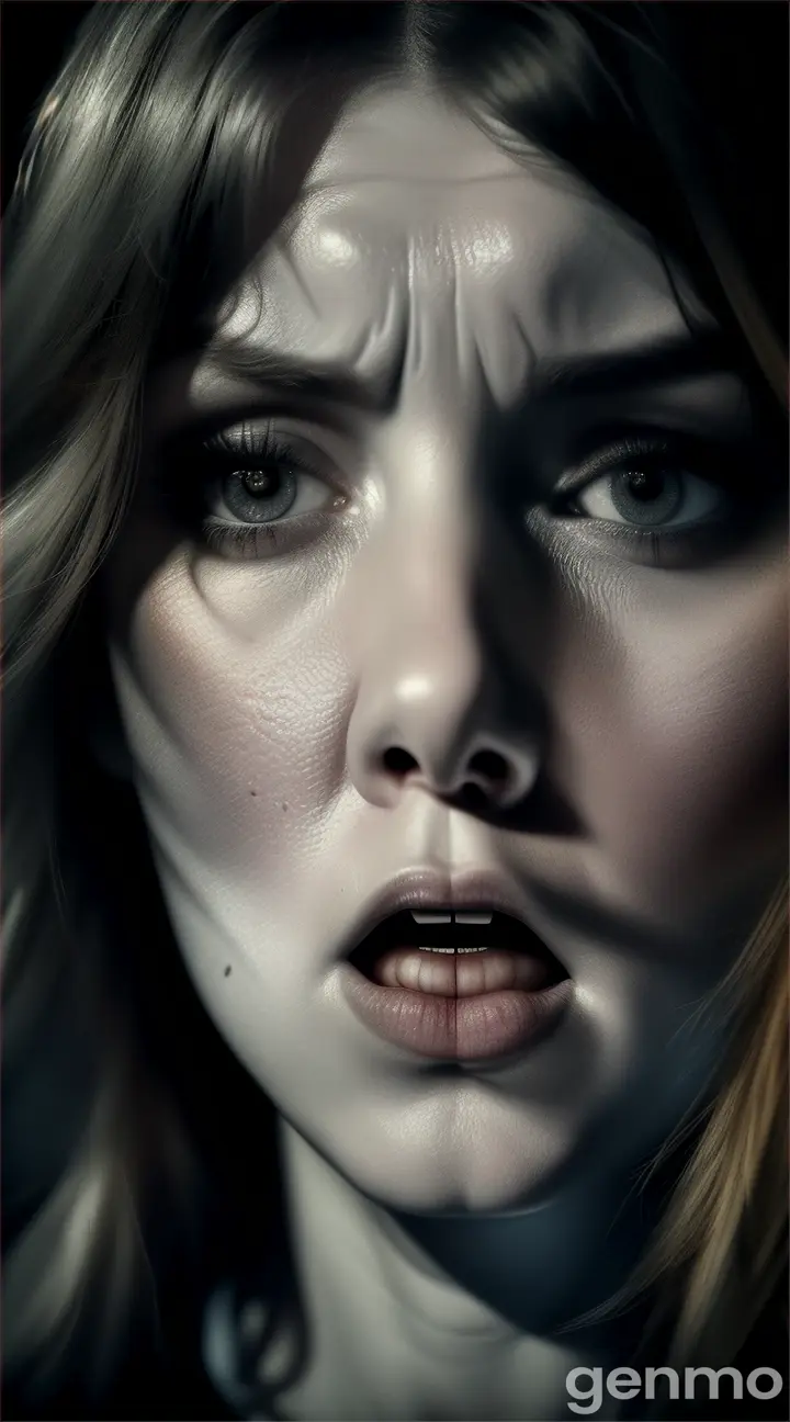 A close-up of a woman’s face, clearly terrified. The background should be dark, with only her face illuminated. and ratio is 9:16