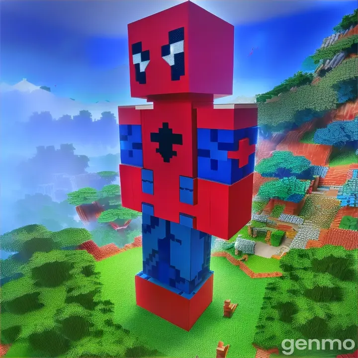 a large red and blue block standing in the middle of a forest