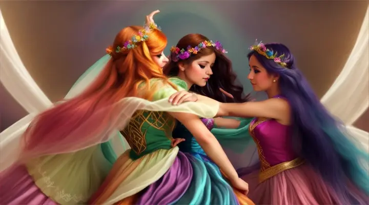 Se ven los rostros de 2 mujeres bellas bailando juntas en una salón de cuento de hadas.