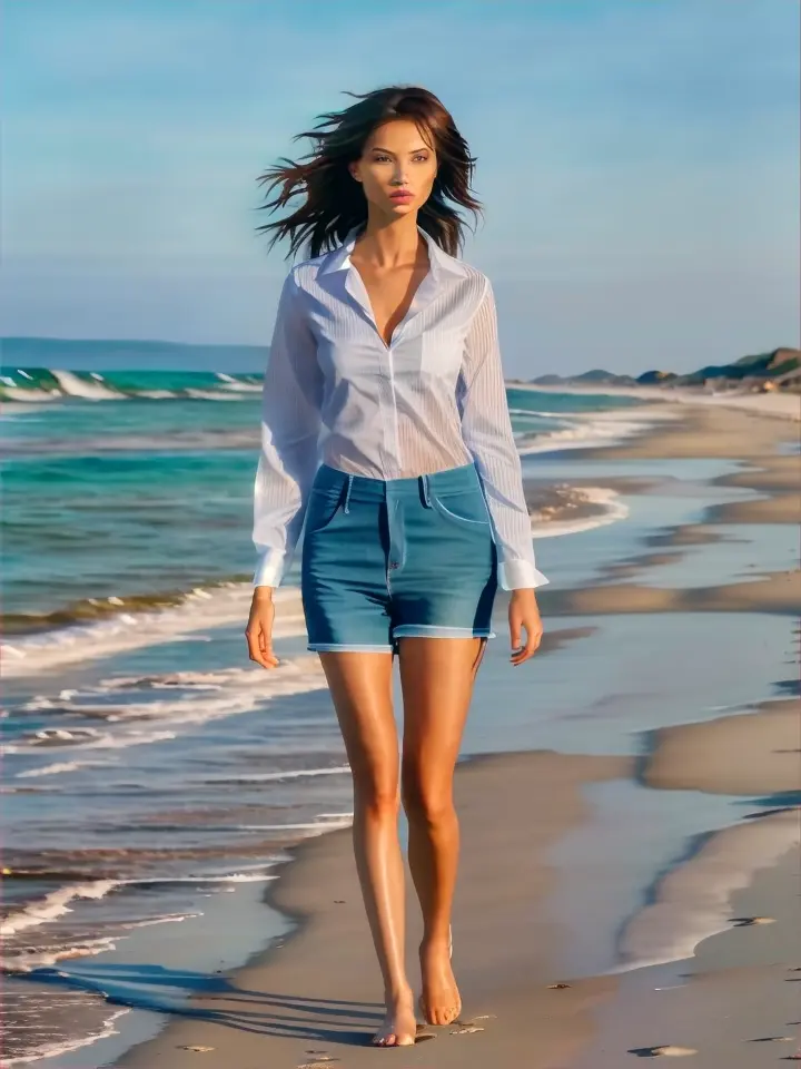 a woman walking along a beach next to the ocean