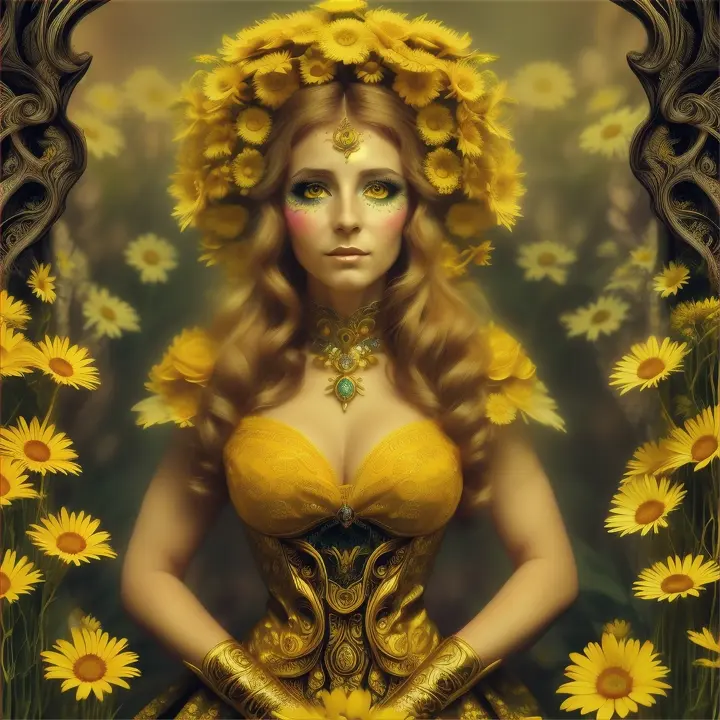 Create an image of a woman in a yellow mask surrounded by yellow daisies. The artwork should be a beautiful fantasy art portrait, featuring exquisite digital art with a stunning and very beautiful fantasy theme. The style should be inspired by Kirsty Mitchell and Anna Dittmann, resulting in a gorgeous digital painting that captures the essence of digital fantasy art.