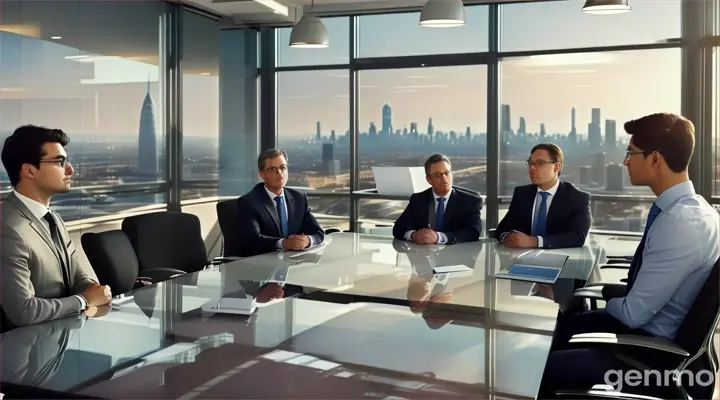 An elegant office with a panoramic view of the city in the background. In a modern and well-lit environment, a group of investors are gathered around a conference table. In the center of the table are graphs and financial reports. The meeting leader, with a serious look, speaks enthusiastically but also cautiously.