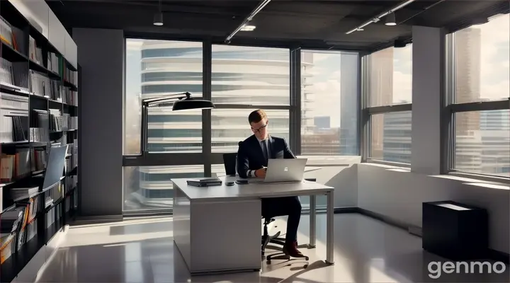 The scene begins with a young investor sitting in a modern office, surrounded by books on finance and technology. He is staring at a computer screen displaying charts and market news. In one corner of the room, a whiteboard is covered with notes and ideas.