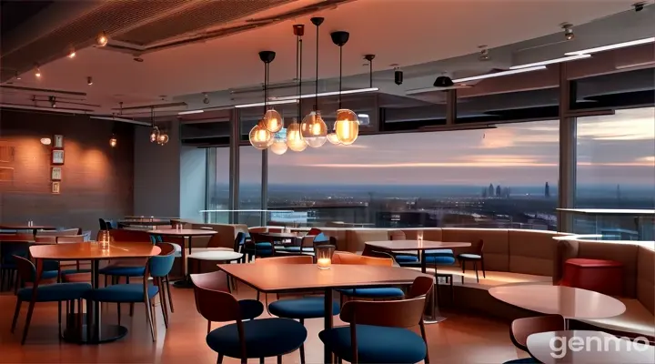 A modern, sophisticated café with light wood tables and comfortable chairs. The space is softly lit by pendant lights, and there’s a glass wall that offers panoramic views of the city. In the background, a group of people are chatting animatedly in a secluded corner, while others are at smaller tables having intense discussions.