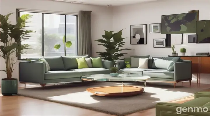 A bright living room with a comfortable sofa and a coffee table spread out on a few financial documents and charts. A laptop is open, displaying charts and investment data. In one corner, a green plant adds a touch of freshness to the space.