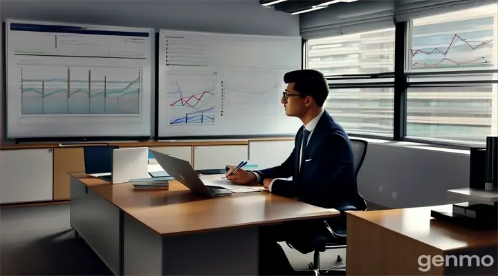 The interior of a modern, well-lit office. An experienced investor is poring over books and notebooks at a sleek desk, with a computer screen displaying charts and financial analyses. In the background, a whiteboard displays notes from a recent lecture.