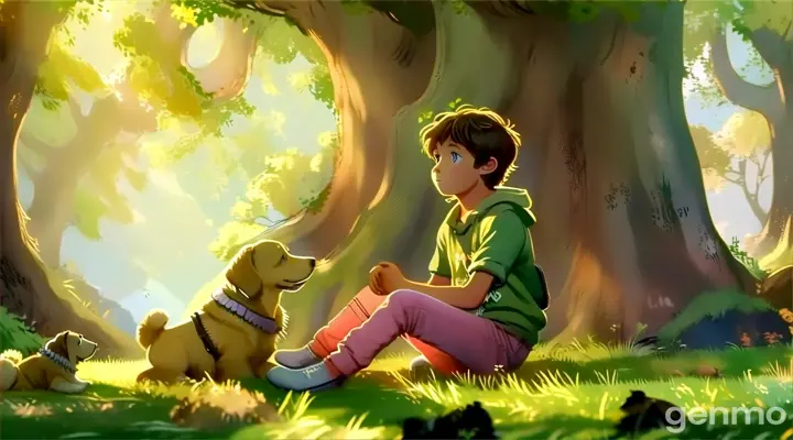 a boy sitting next to a dog in a forest