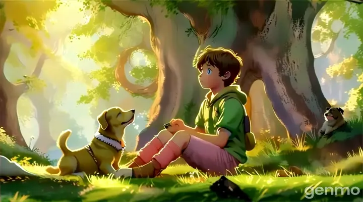 a boy sitting next to a dog in a forest