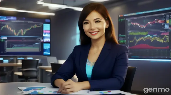 The camera focuses on the presenter, who is sitting in a modern, well-lit environment, with graphs and financial data in the background. He smiles at the camera, demonstrating confidence and enthusiasm.