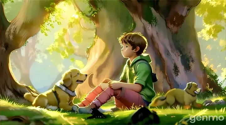 a boy sitting next to a dog in a forest