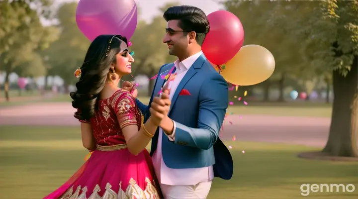 A Pakistani beautiful couple wearing modern outfits performs a playful dance in a park filled with colorful balloons and streamers, their chemistry electrifying as they dance close to each other.