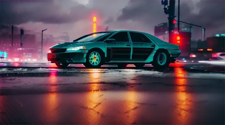 the windshield is covered with cracks, huge car accident view through the windshield of a car, foreground - steering wheel, background - car interior, neon city at night, heavy rain, anime style, close-up