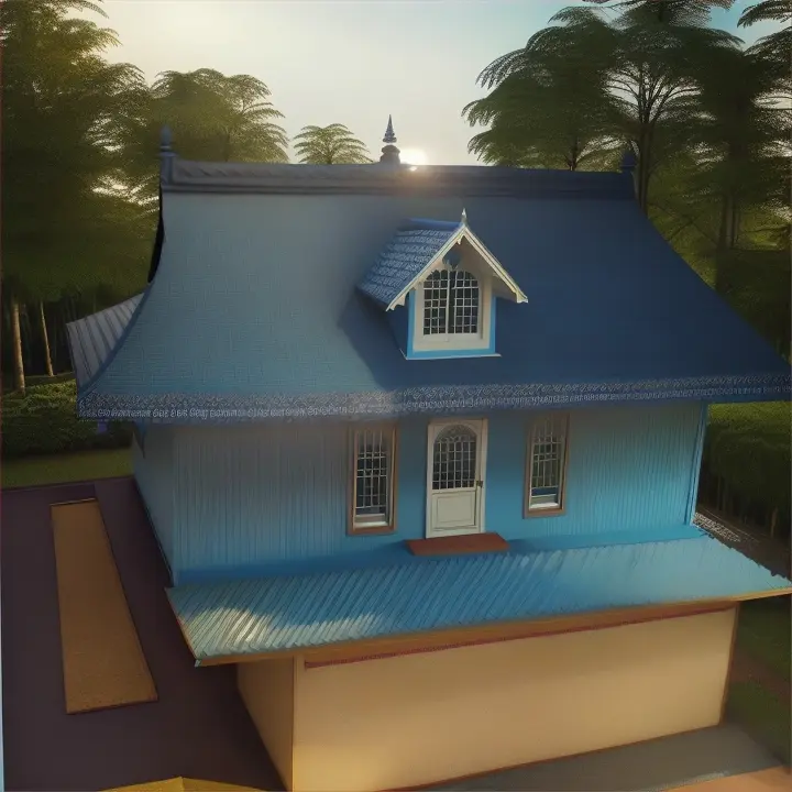 A captivating, hyper-realistic drone shot of a majestic Front gable roof bungalow, the top of the gable roof adorned with a blue sign board bearing the text "MassTechIndia" in bold, 3D white letters. Nestled within a dense forest, a South Indian Tamil man, with a slender, bony frame and a dark-skinned, smiling face, dances exuberantly with his two wives. The first wife, a fair-skinned woman with chubby cheeks and a short bob, wears a half-sleeve shirt in black, dark blue, purple, and yellow shades with golden accents, a small red dot on her forehead, and dark violet with white flower pattern knock-length shorts with two zippered pockets and Adidas shoes. The second wife, thin with long hair, dons white-colored leggings and a half-sleeve pajama in silver, blue, violet, and black shades without a dupata, paired with stylish lady shoes. They dance to a fast-paced mix of South Indian Tamil folk, rap, and pop music on a high slope