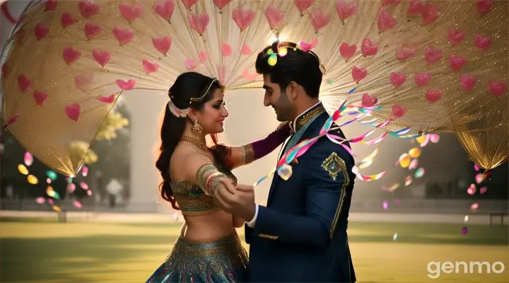 A Pakistani beautiful couple wearing modern outfits performs a playful dance in a park filled with colorful balloons and streamers, their chemistry electrifying as they dance close to each other, inspired by Bollywood song.