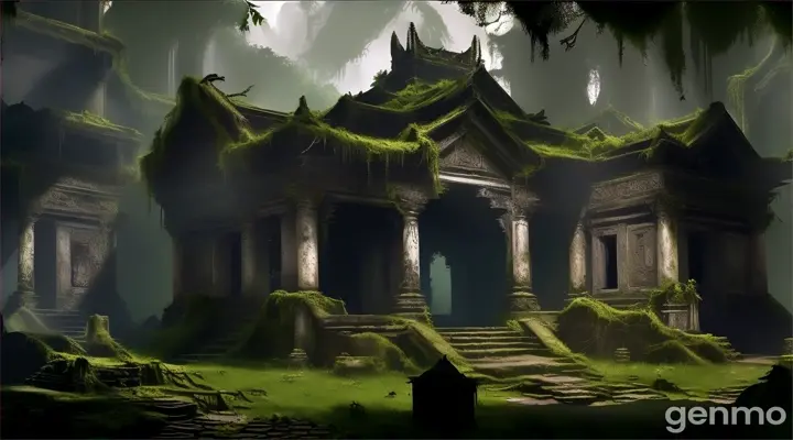 An old, dilapidated temple on the edge of the village, partially covered in overgrown vines and moss. The temple's entrance is open, revealing darkness inside. A bat suddenly flies out from the shadows, and the wind whistles through the broken windows, creating an eerie sound. The scene captures the isolation and creepiness of the temple.