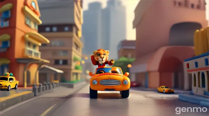 3D cartoon baby lion driving a toy car through a miniature cityscape with towering cardboard buildings