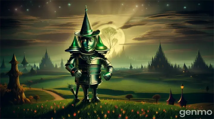 Tin man standing in whimsical nighttime scene with fantastical emerald city  illuminated behind twisted tree silhouettes