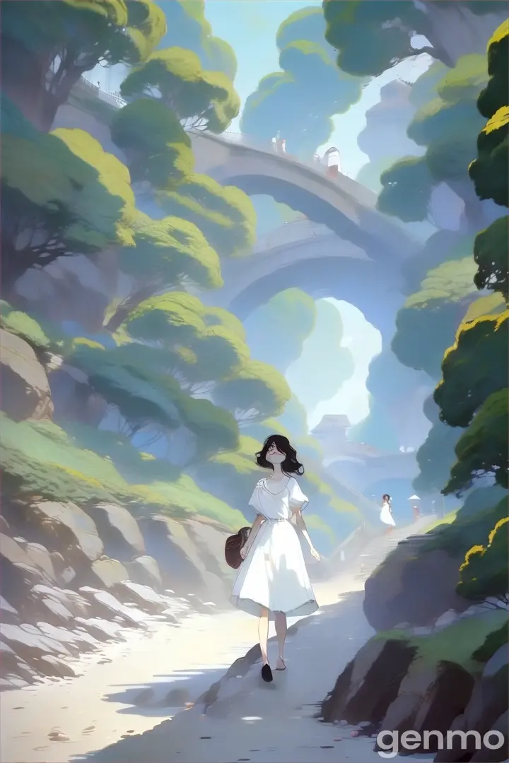 a woman in a white dress walking down a beach